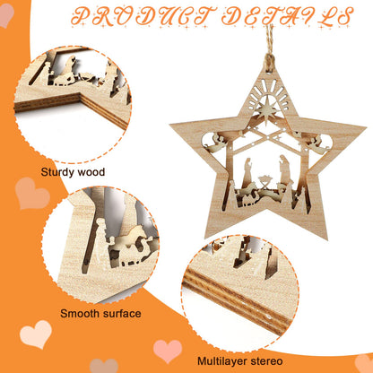 Blulu 12 Pieces Christmas Nativity Scene Ornaments Set Bulk 3D Christian Wooden Hanging Ornament Xmas Tree Nativity Ornaments The Birth of Jesus Story Decor Religious Gift for Family (Star Shaped)