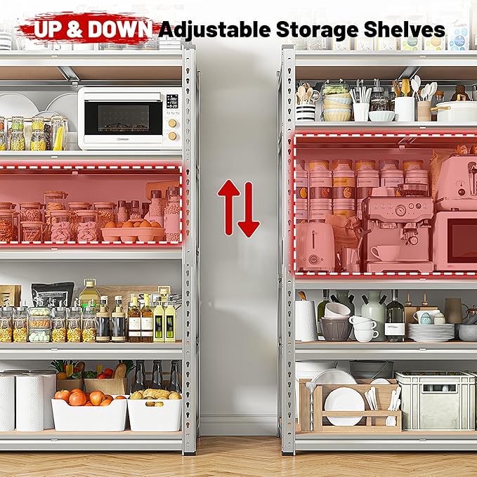 REIBII 2020LBS Garage Shelving Heavy Duty 5 Tier Storage Shelves Adjustable Metal Shelving for Basement, Warehouse, Pantry, Closet, Kitchen, Easy Assembly, 72" H x 35.55" W x 16" D, Galvanized