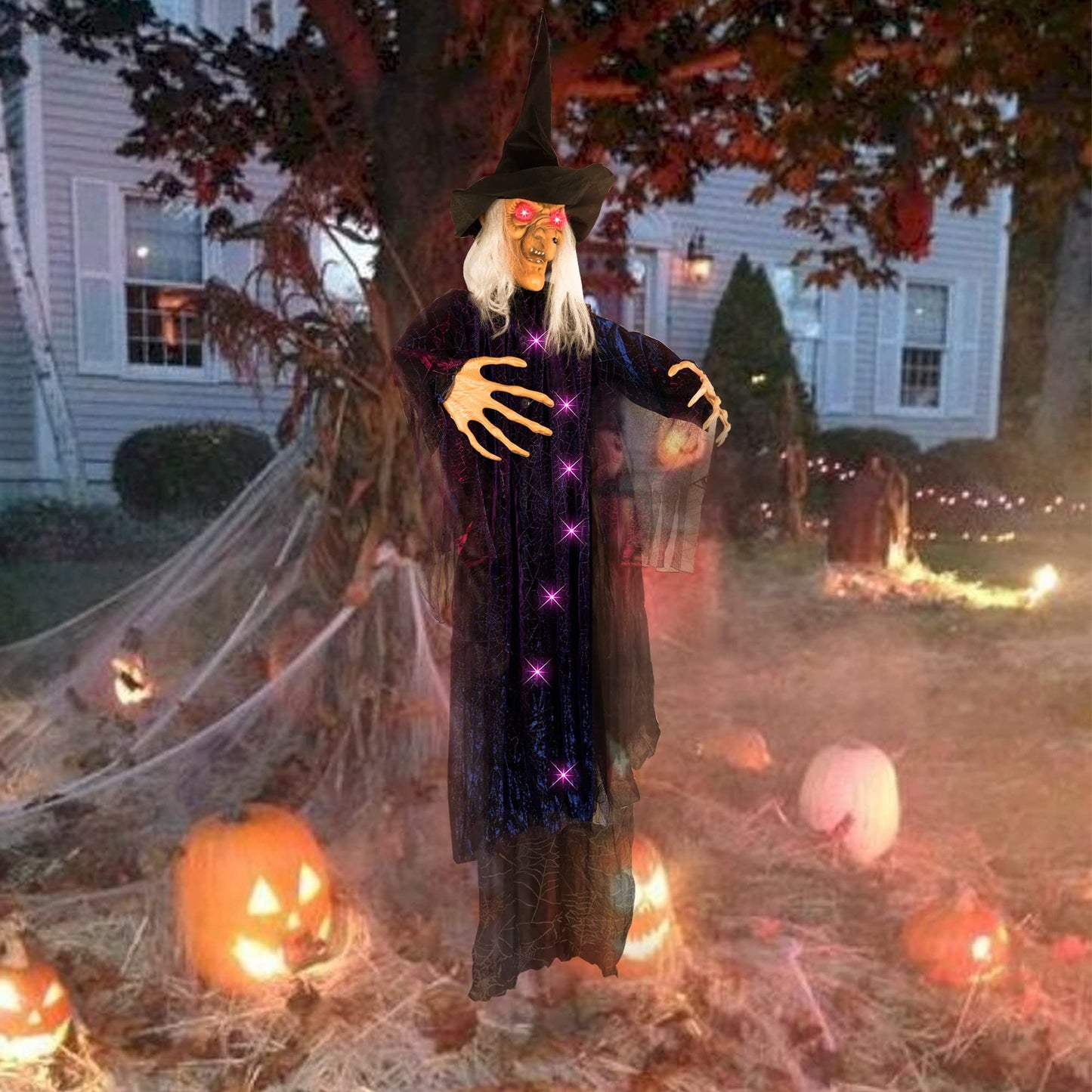 FUNPENY 6 FT Hanging Witch Outdoor Halloween Decorations, Light Up Hanging Witch with Sound Activation for Halloween Haunted House Props Party Supplies Yard Outdoor Indoor Decor
