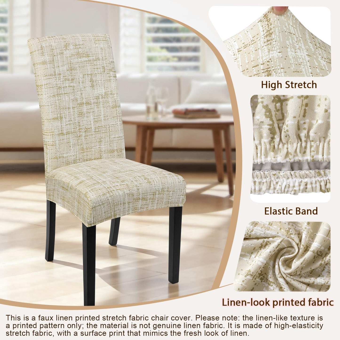 SearchI Dining Room Chair Covers Set of 4, Stretch Printed Parsons Chair Slipcovers Removable Washable Kitchen Chair Protector Cover for Dining Room, Hotel, Ceremony (Flaxen Print)
