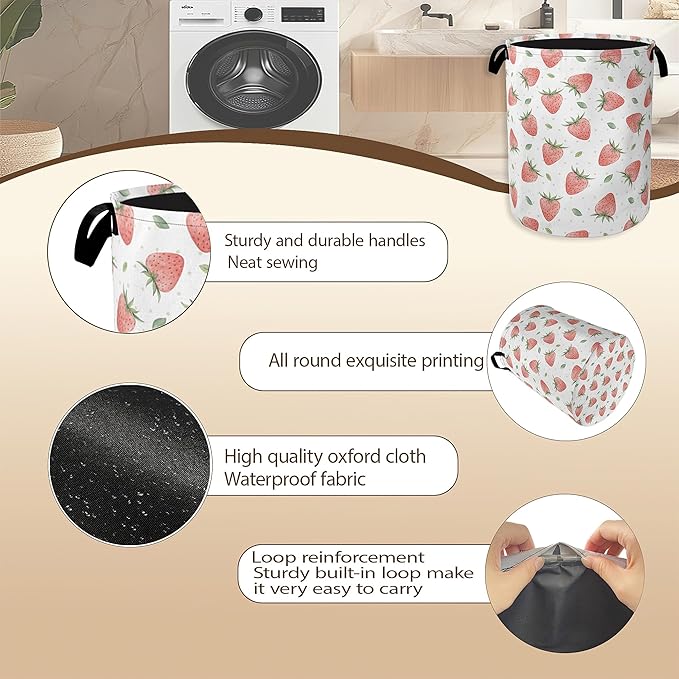 Watercolor Pink Strawberry Laundry Hamper, Waterproof Oxford Cloth Laundry Room