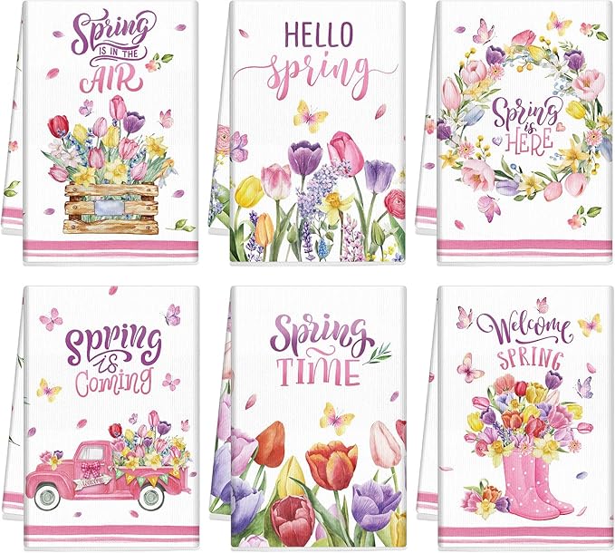 Breling Set of 6 Spring Kitchen Towels Tulip Dish Towel Flower Bathroom