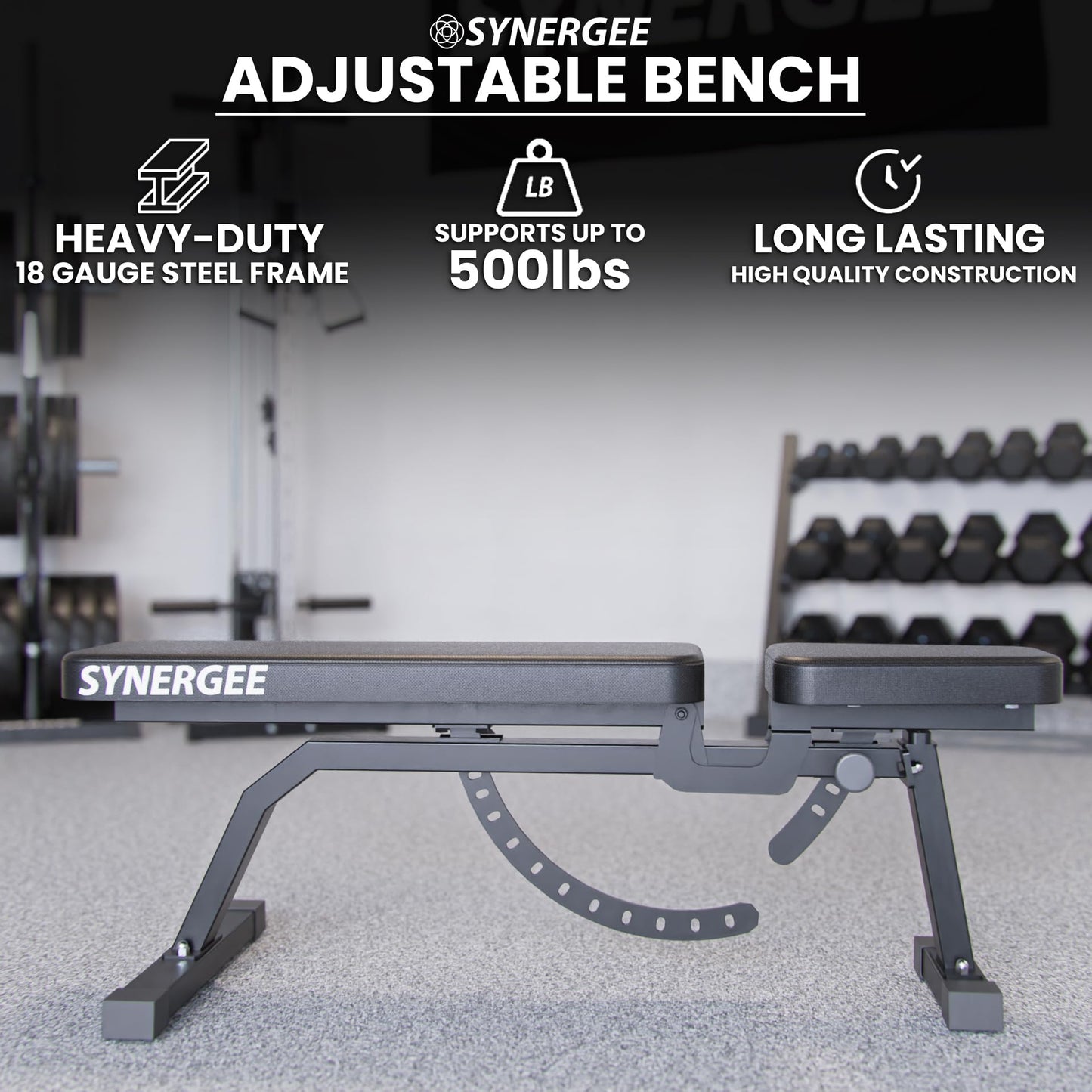 Synergee Adjustable Incline Workout Bench. Weight Bench for Dumbbell & Barbell Press Exercises & Workouts. Great for Commercial, Garage and Home Gym.