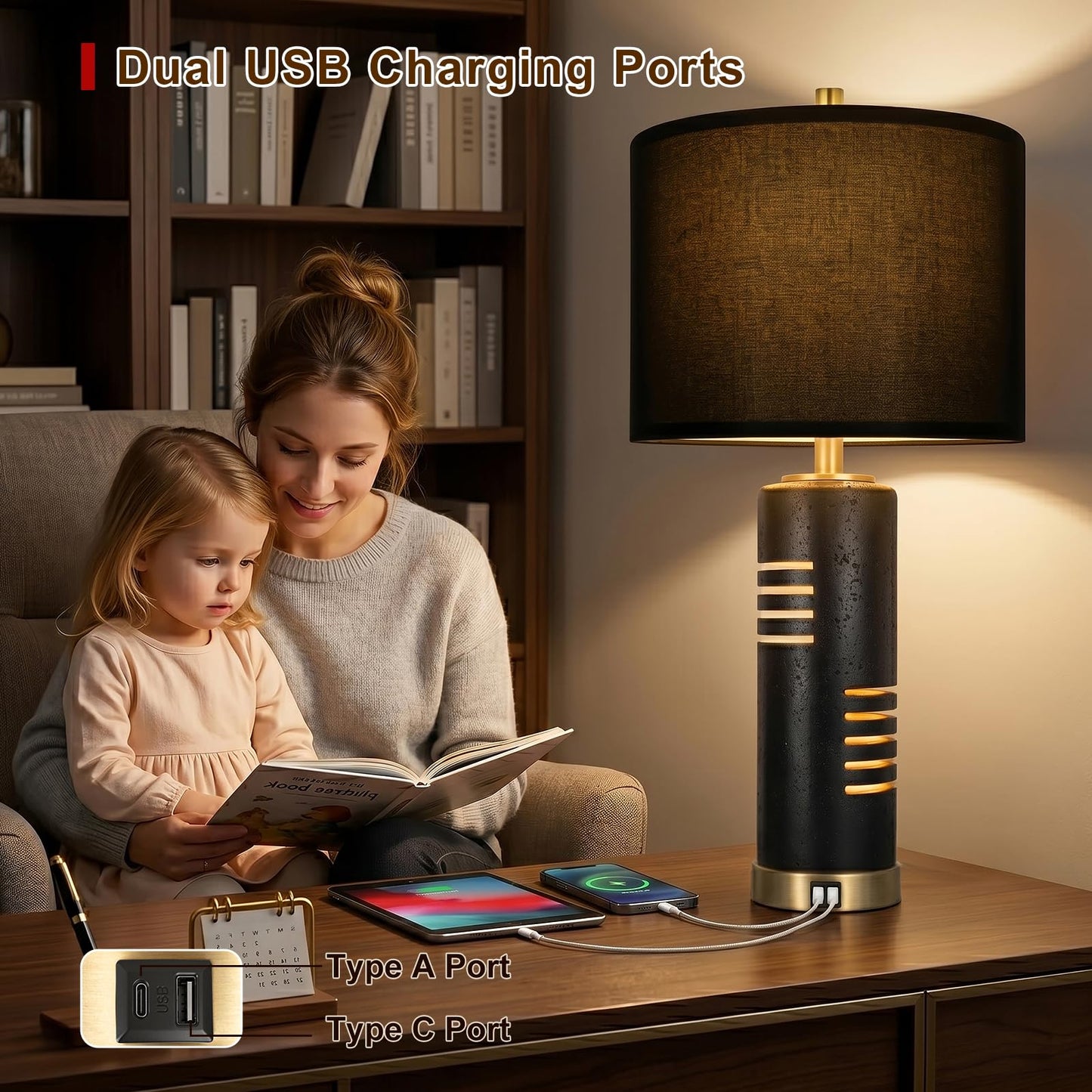 KIVDITZO 27.5" Faux Stone Table Lamps Set of 2, Farmhouse Table Lamps for Living Room with Night Light & USB A+C Ports, Black Lamps with Faux Silk Shade for Bedroom Nightstand Office (Bulb Included)
