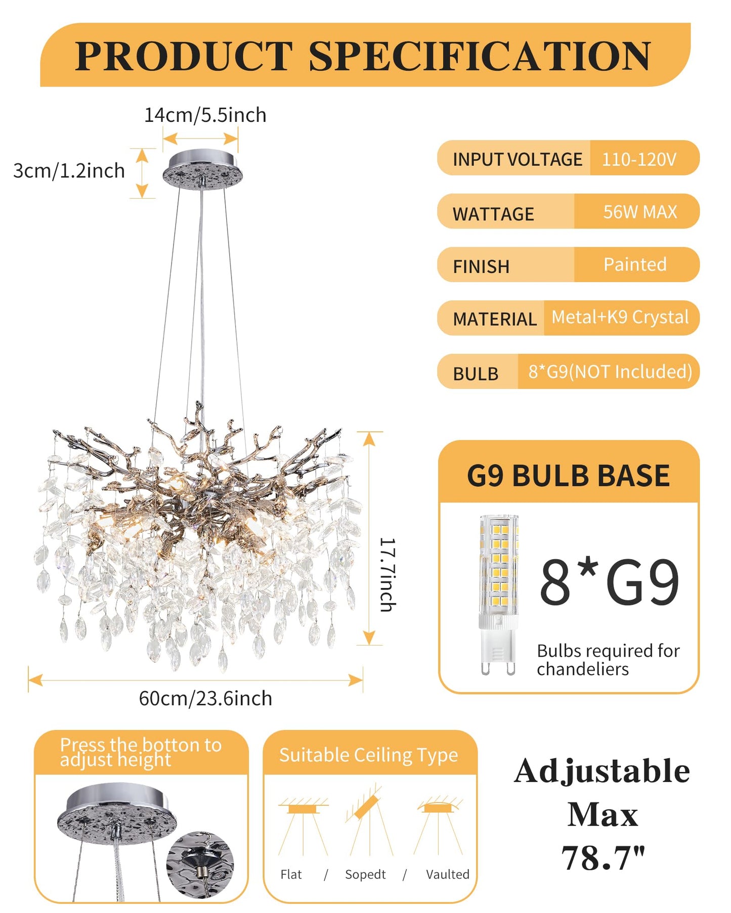 witkey Modern Tree Branch Crystal Chandelier Luxury Silver Crystal Pendant Lighting 23.6" Contemporary 8-Light Chandeliers for Dining Room Kitchen Bedroom Living Room