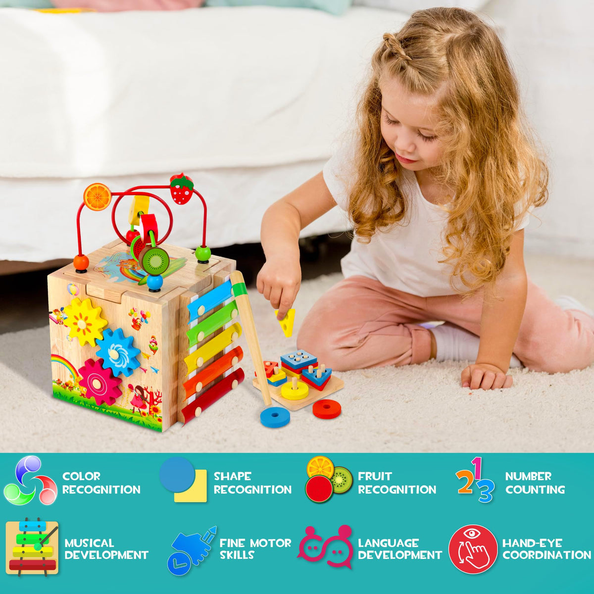 HELLOWOOD 8-in-1 Wooden Activity Cube for Kids, Sorting & Stacking Toys Shape Match Xylophone Montessori Learning Toy STEM Value Pack Gift for Boys Girls Toddlers-Light Pink Packaging