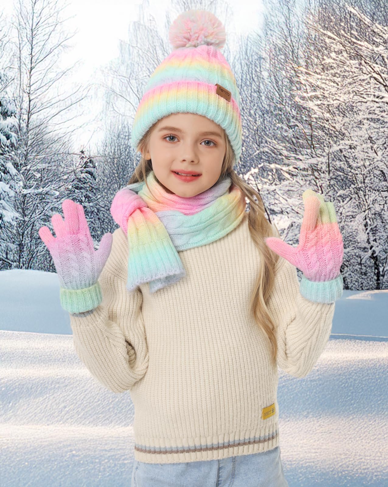 Kids Winter Hat Scarf Gloves Set, Girls Boys Toddler 8% Wool Warm Fleece Lined Pom Pom Beanie Hat Knit Neck Scarf Soft Thick Mittens Gloves for Cold Weather 3 In 1 Birthday Christmas Gift for Children