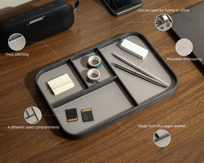 MUUJEE Leather Catchall Multitray (Design 2) - 11.65 x 7.75 x 0.8, Mountain Design Embossed Minimalist Wallet Tray for Men, Thoughtful Husband Gift, Desk EDC Organizer for Watch Keys Glasses, Gray