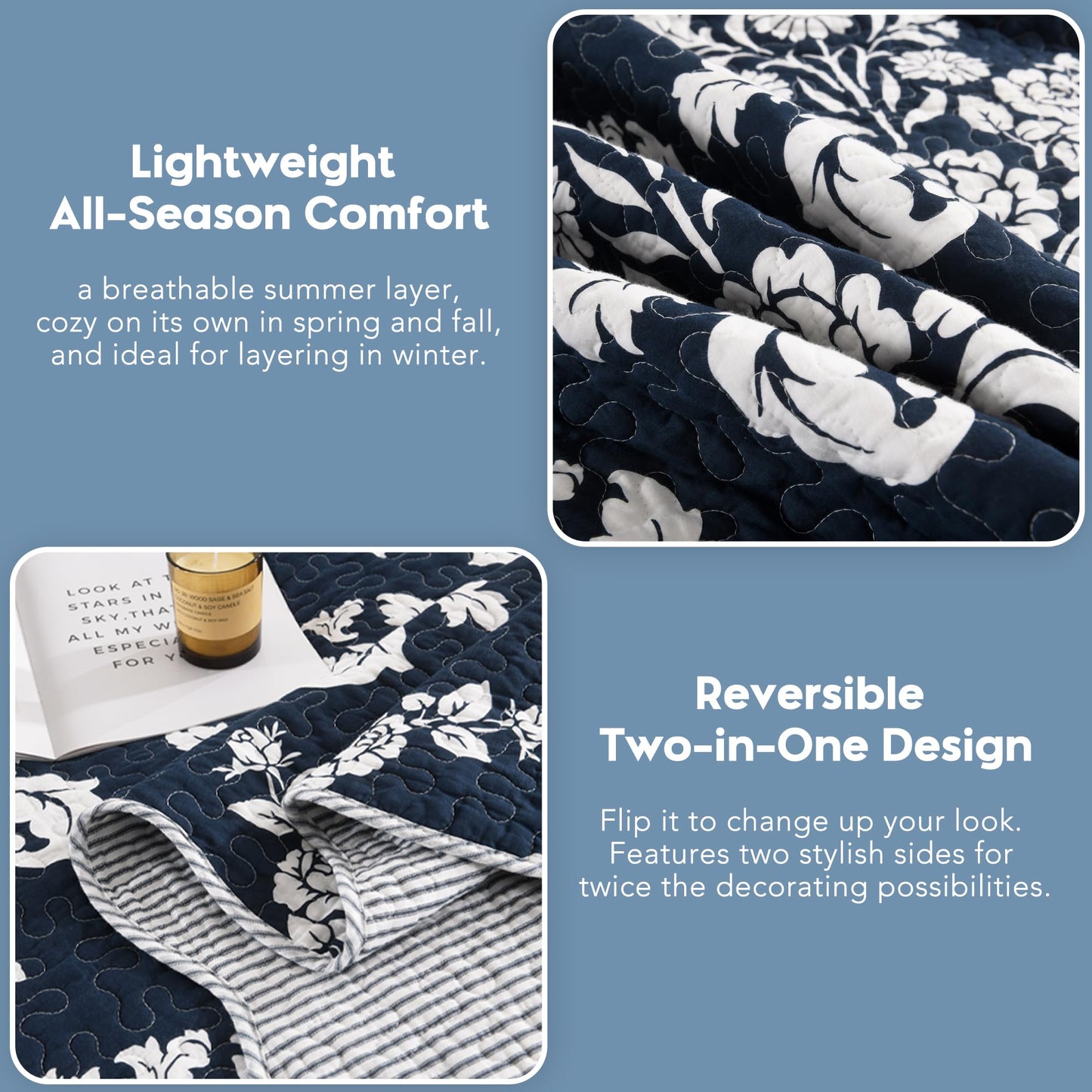 BCOTTOND Navy Blue Quilt Set King Size, 100% Cotton Reversible Farmhouse Quilt with Elegant Botanical Floral Pattern, Scalloped Edge Bedspread Coverlet, Lightweight All Season Bedding Set with 2 Shams