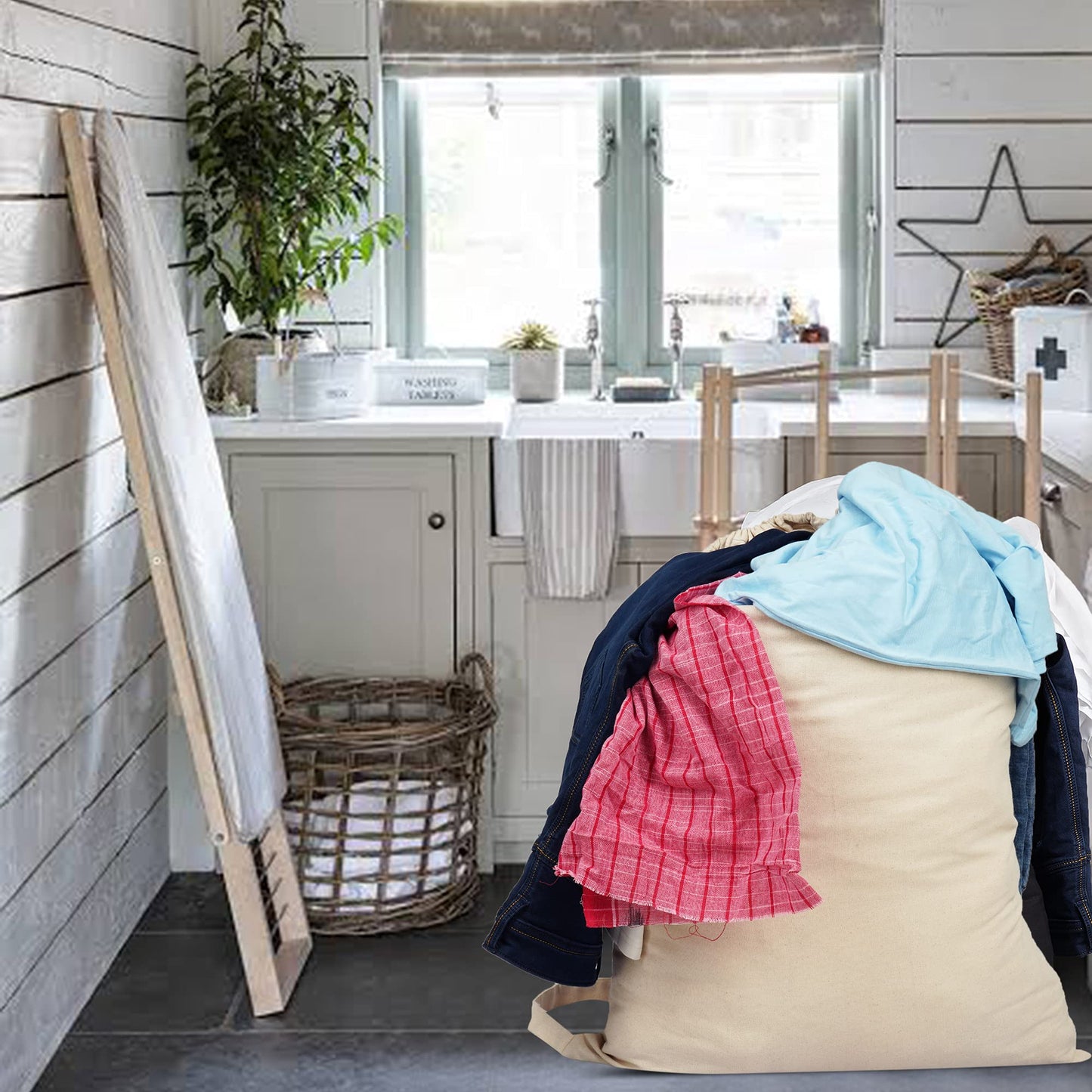 Sweet Needle 2 Pack Premium Canvas Laundry Bag with Shoulder Strap, 75x56 CM 40L - 100% Cotton, Fabric Weave Durable, Drawstring with Cord-Lock, Machine Washable Laundry Liner for Laundry Hampers