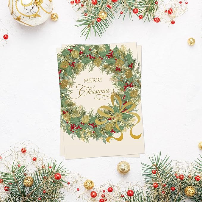 Masterpiece Traditional Wreath Christmas Cards / 15 Festive Holiday Cards Set With White Envelopes / 5 5/8" x 7 7/8" Winter Greeting Cards With Inside Verse