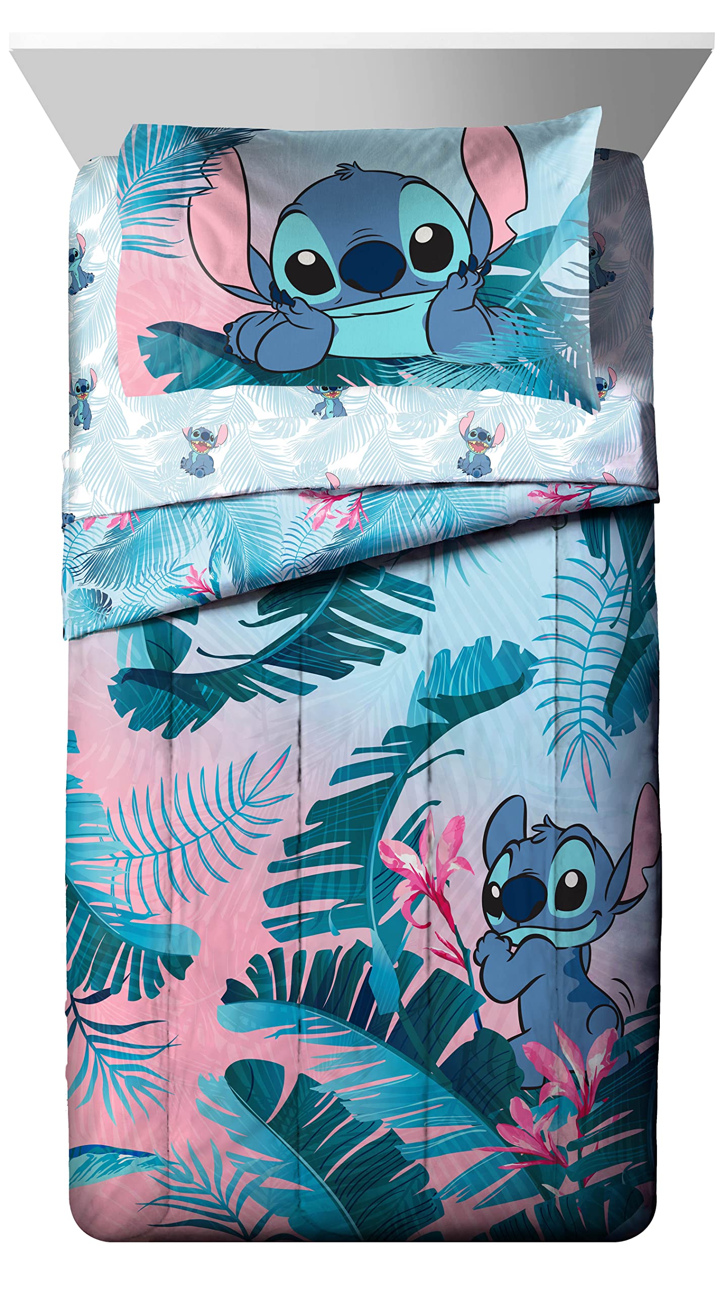 Jay Franco Disney Lilo & Stitch Floral Fun 5 Piece Twin Bed Set - Includes Reversible Comforter & Sheet Set Bedding - Super Soft Fade Resistant Microfiber