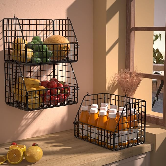 Stackable Wire Storage Baskets for Kitchen Closet Pantry, Hanging Closet