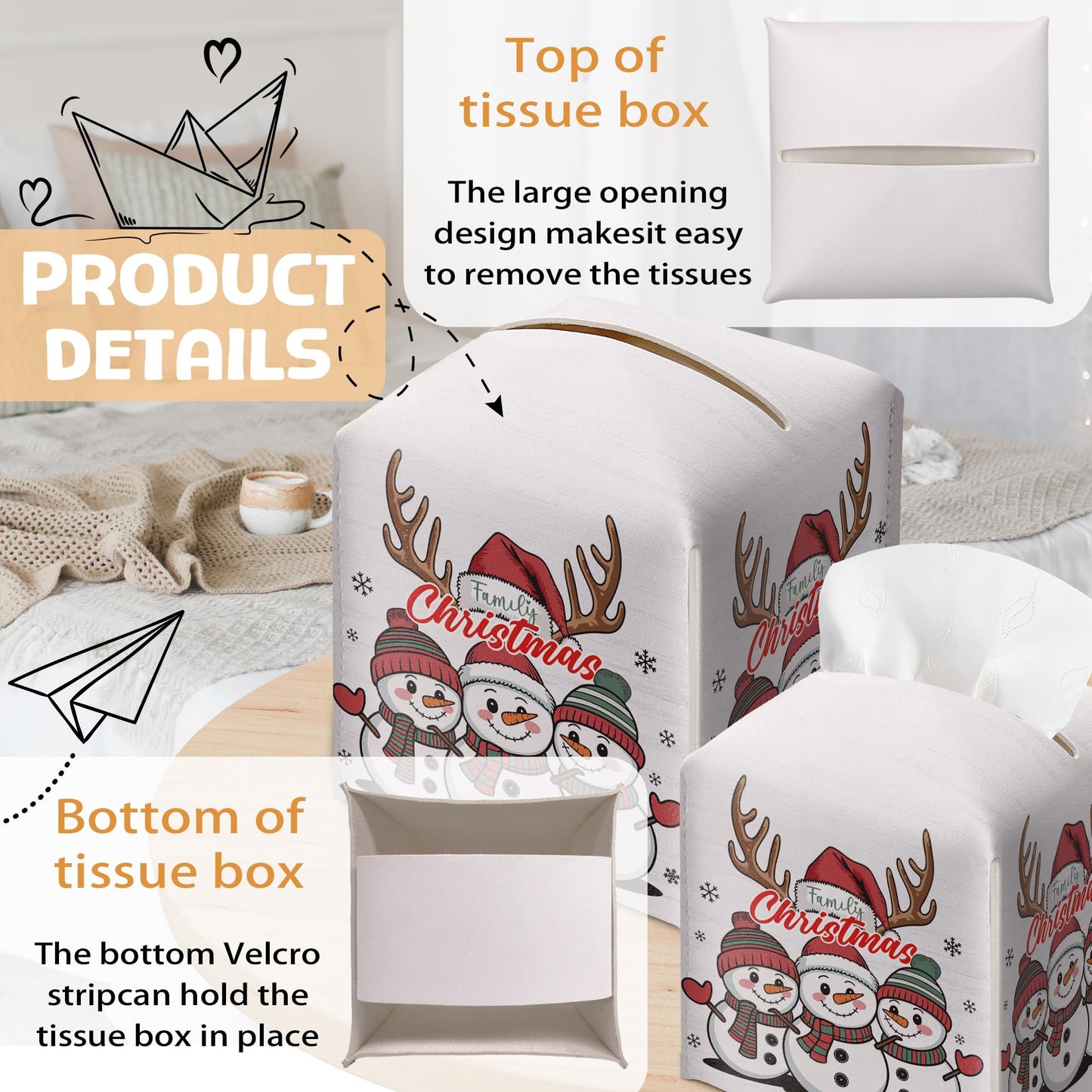 Christmas Snowman Tissue Box Holder, First Christmas as A Family of Three Leather Tissue Box Cover Square, Paper Facial Decorative Tissues Cover for Night Stands Bathroom Office Home Decor-B02