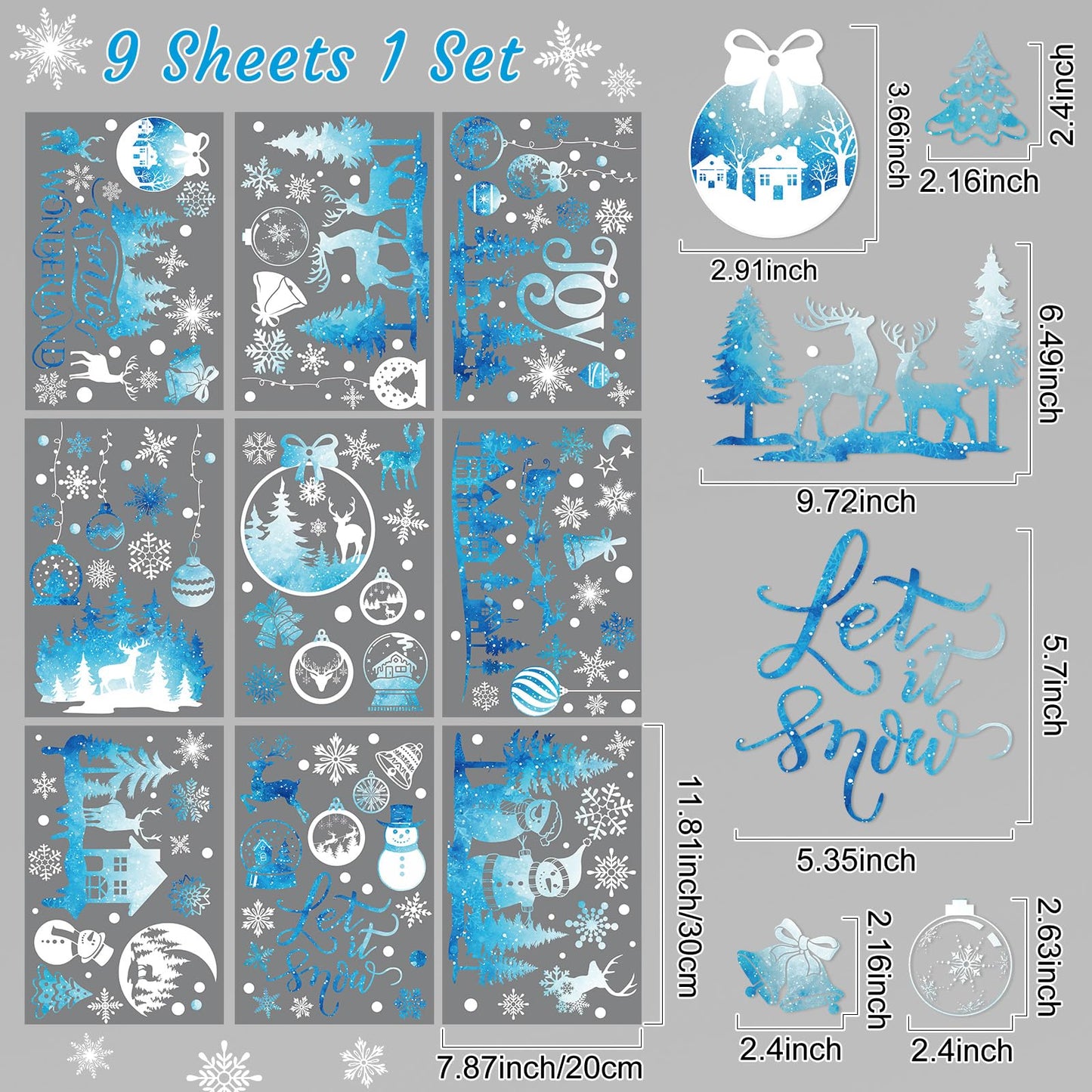 Cinrobiye 172Pcs Christmas Snowflake Window Clings Winter Wonderland Decal Stickers Let it Snow Reindeer Snowman Window Seasons Decals for Elk Snowball Holiday Home Kitchen Living Room,9 Sheets