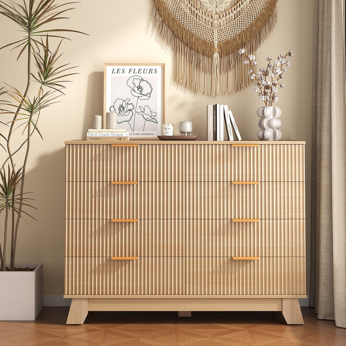 DUMOS Fluted 8 Drawer Dresser for Bedroom, 43.3" Wide Modern Chest of Drawers with Gold Metal Handles, Wooden Dresser TV Stand, Storage Organizer Unit for Living Room, Hallway, Natural Oak