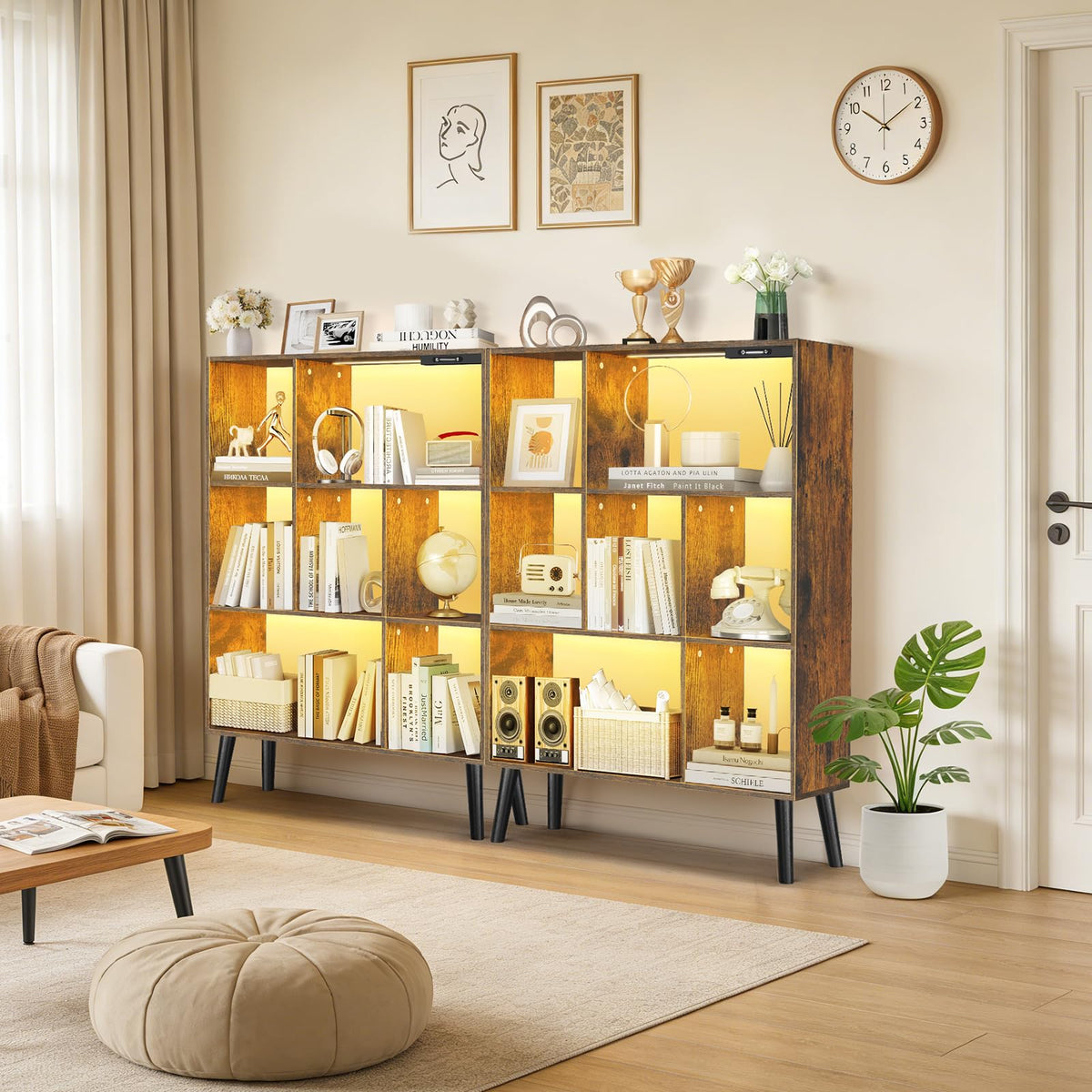 OUTONLIFE 7-Cube Bookshelf with LED Lights, Touch & Remote Control, Freestanding Open Bookcase Storage Shelf, Dimmable Modern Wooden Display Organizer with Legs for Living Room, Bedroom (Rustic Brown)