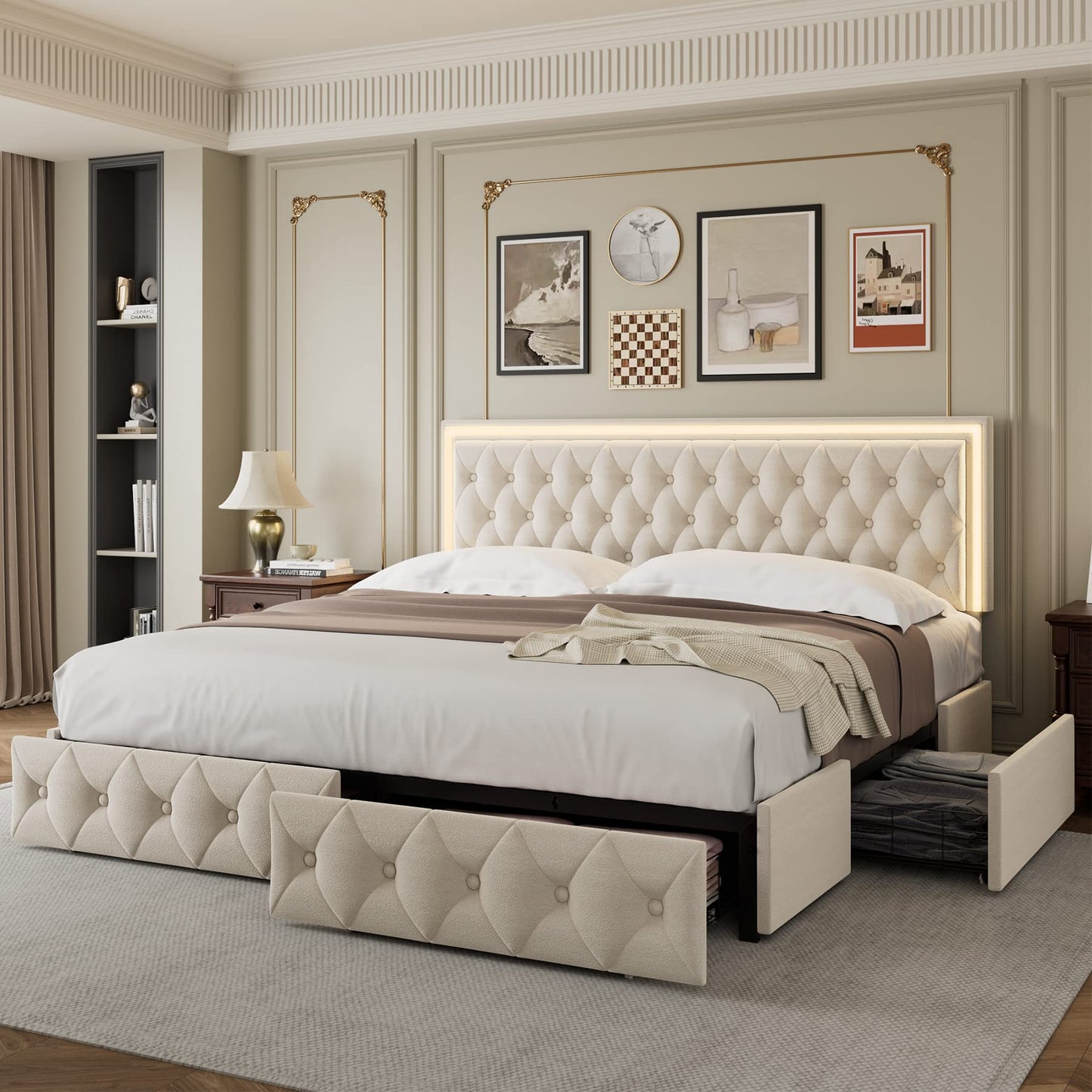 Keyluv Queen Size LED Bed Frame with 4 Storage Drawers and Adjustable Headboard, Velvet Upholstered Button Tufted Modern Platform Bed, Solid Wooden Slats Support, Easy Assembly, Beige