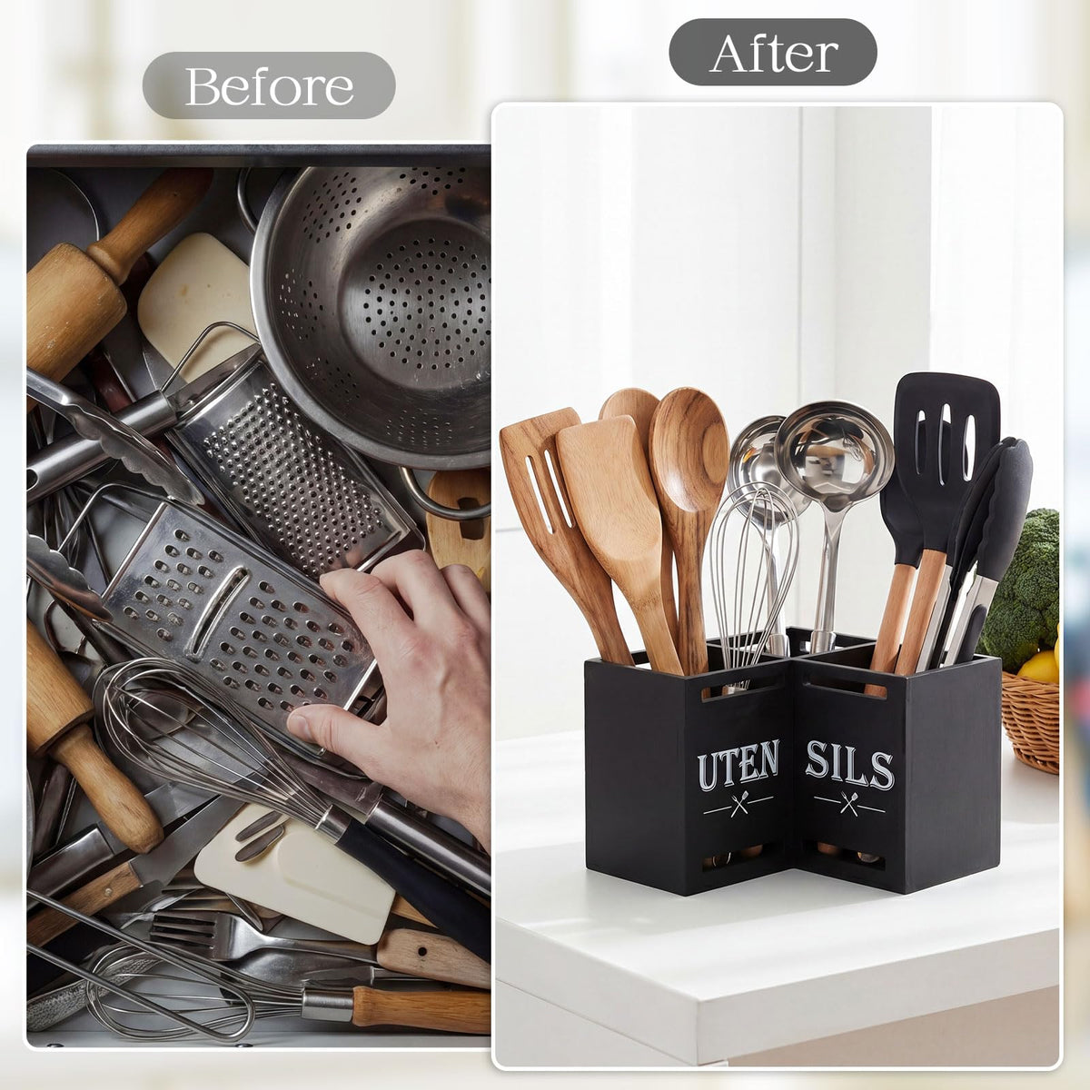 RattanView Large Kitchen Utensil Holder with 3 Compartments, Utensil Holder for Counter, Rustic Black Kitchen Decor Tools Gift Wooden Countertop Cutlery Caddy Spoon