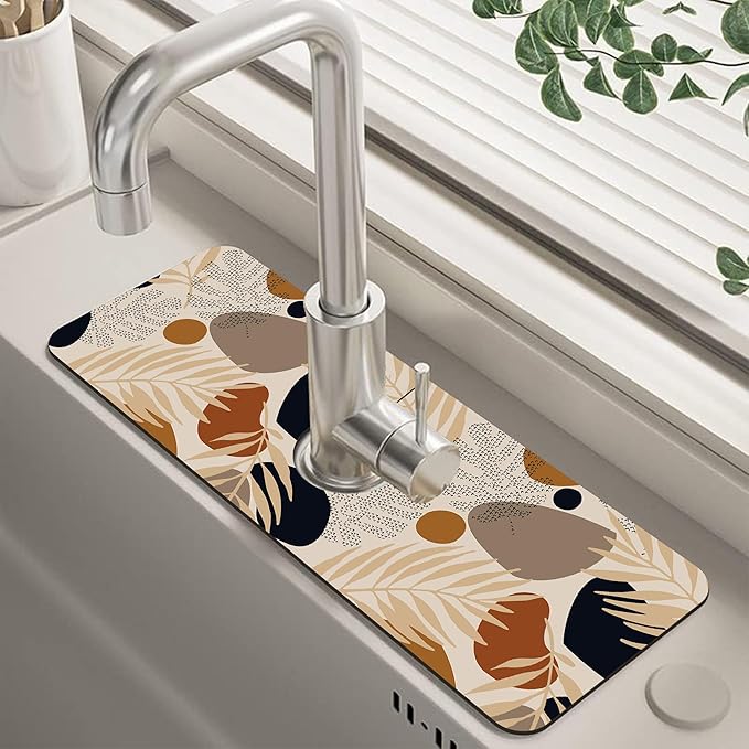 Boho Tropical Leaves Kitchen Sink Splash Guard Mat Absorbent Fast Drying Mat