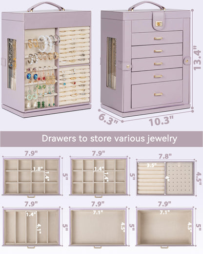 AKOZLIN 360° Rotating Jewelry Box 6-Tier Organizer Functional Jewelry Storage Case for Women Girls Ring Necklace Earring Bracelet Holder with Mirror Purple