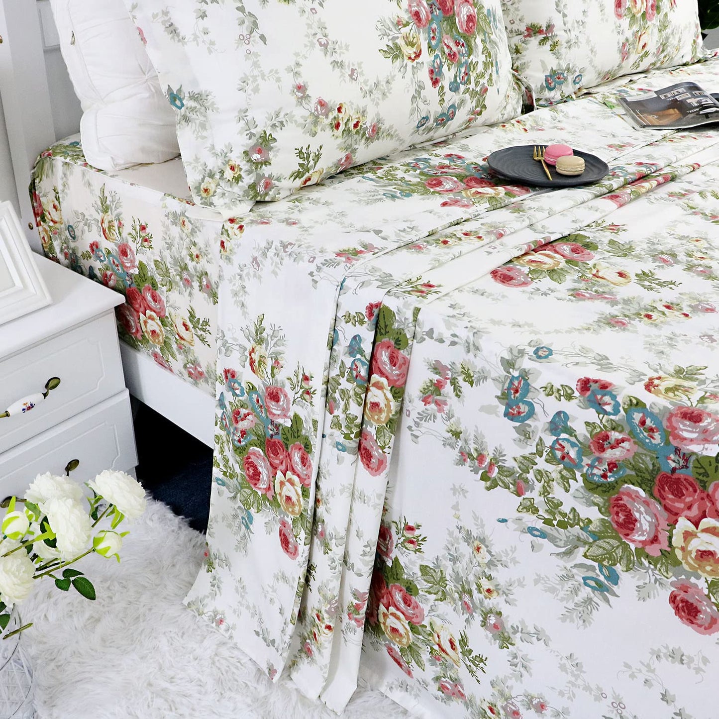 FADFAY Sheet Set Cal King Vintage Rose 100% Cotton Hypoallergenic White and Grey Deep Pocket Fitted Sheet 4-Pieces Cal King