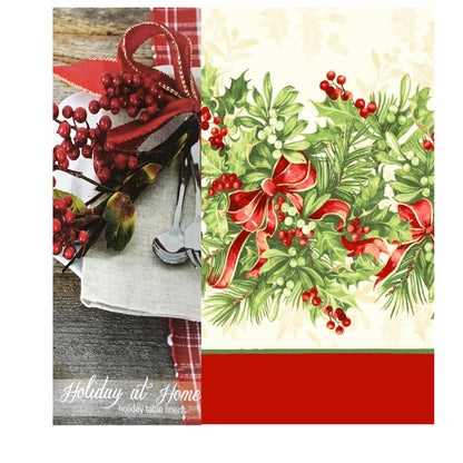Newbridge Christmas Holly Ribbon Traditions Bordered 60 x 120 Inch Rectangle Fabric Tablecloth, Boughs of Holly and Berry Ribbon Garland Dining Table Cover for Holiday Party