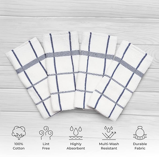 100% Cotton Terry Dish Towels, 4 Pack Checks, 16 x26 Inches, Super Soft and