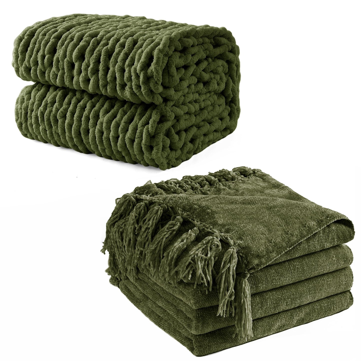 LONG CREATE Chunky Knit Throw Blanket Bundle Chenille Throw Blanket， 50"X 60" Olive Green