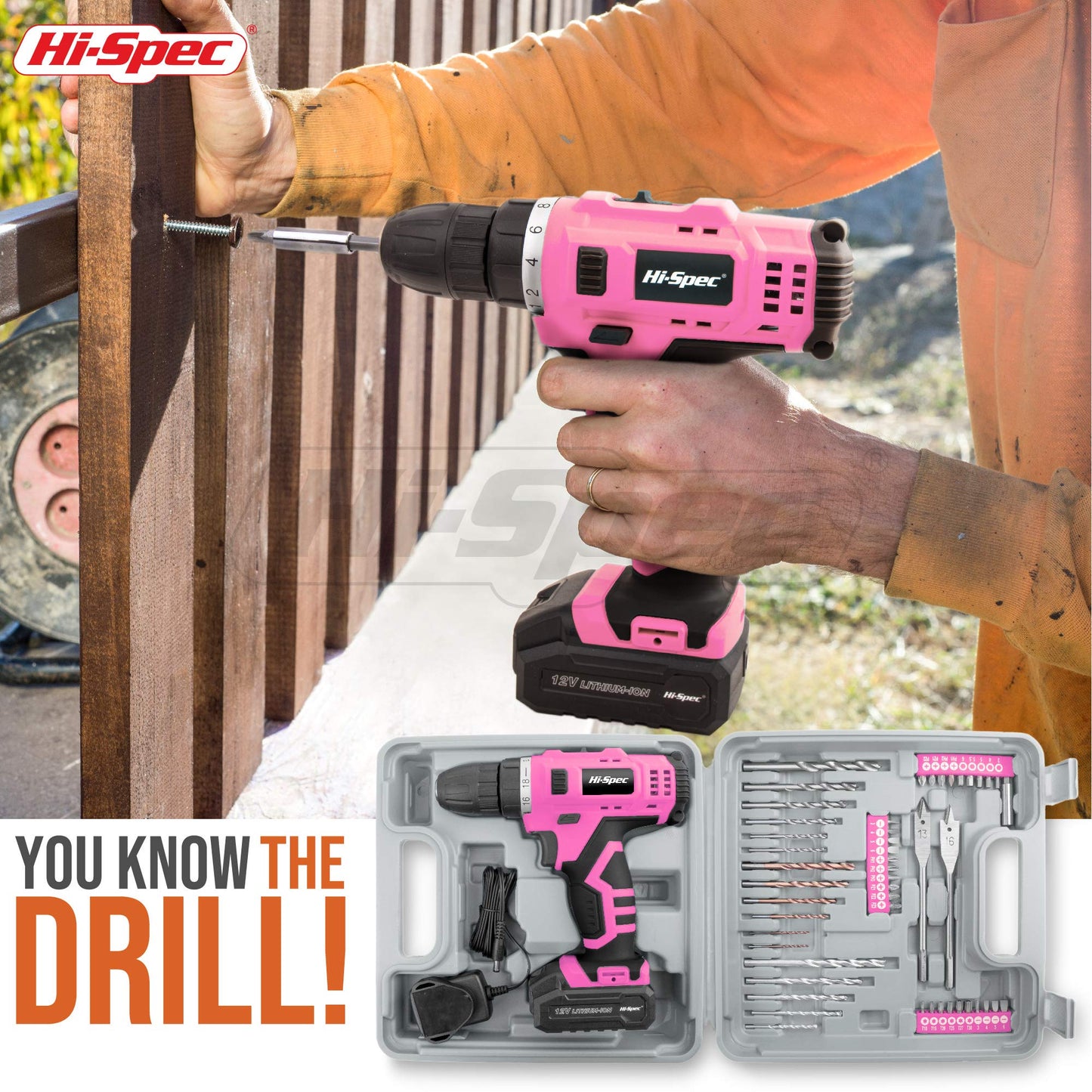 Hi-Spec 50pc 12V Pink Electric Cordless Power Drill Driver. in a Carry Case with Rechargeable Battery, Power Screwdriver Bits, Wood, Metal, and Masonry Drill Bit Set Accessories