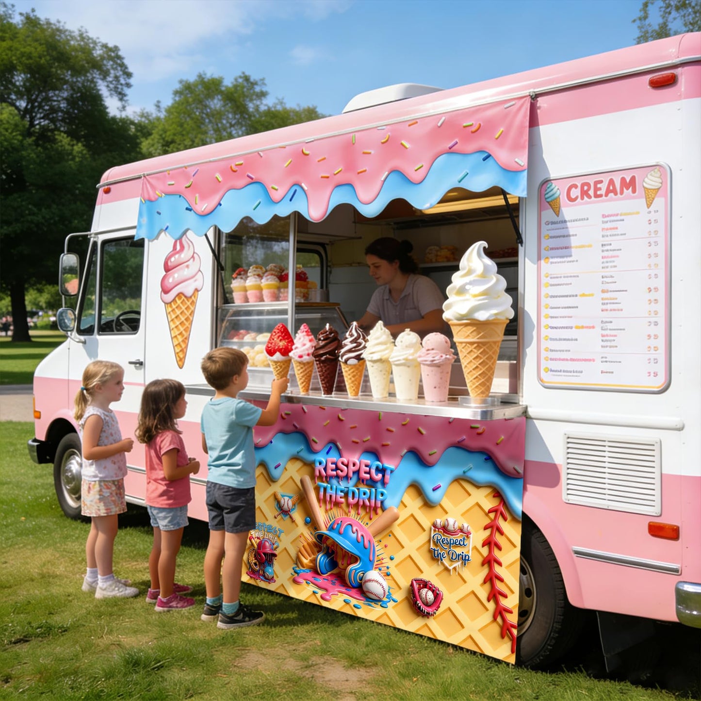 Ice Cream Drip Baseball Birthday Party Decoration 3D Visual Effect Baseball Ice Cream Drip Theme Banner Sports Party Hanging Photo Supplies for Summer Party Gathering Decorations