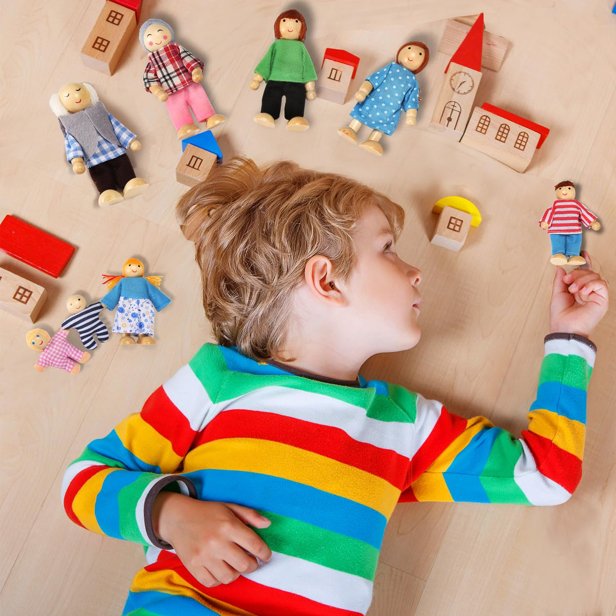 Jzszera 15 Pcs Wooden Dollhouse People with Movable Limbs, Doll House Family Figures for Educational Pretend Play