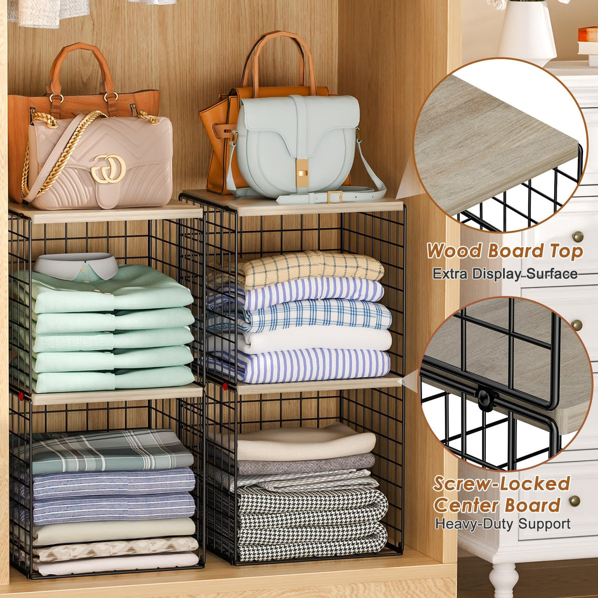 Hencawima 4-Tier Stackable Closet Organizers and Storage, Dual-Layer Reinforced Clothing Cube Shelves with Wood Tops, Sturdy Clothes Storage Bins & Shelf Basket for Wardrobe, Closet Organizer System