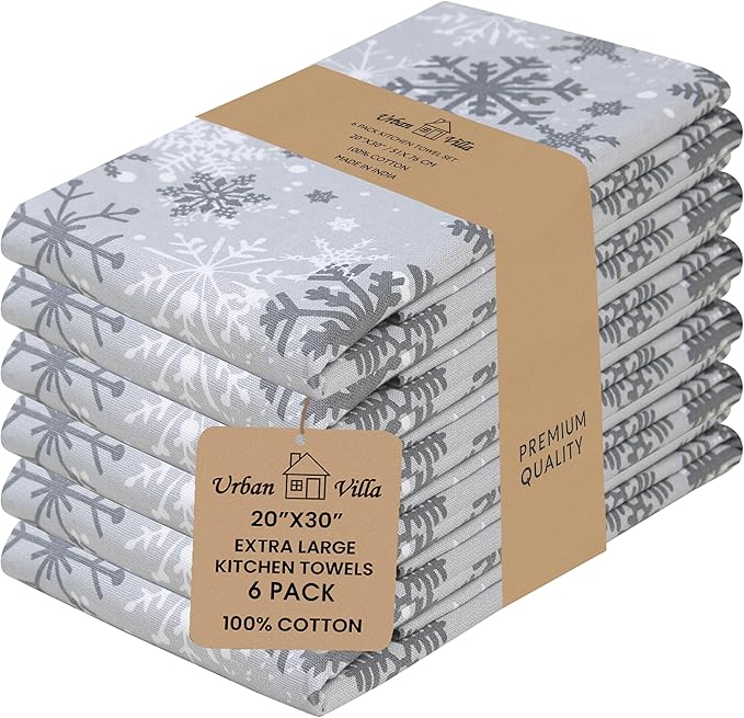 Urban Villa Christmas Kitchen Towels Grey Snowflake Print Premium Quality 100%