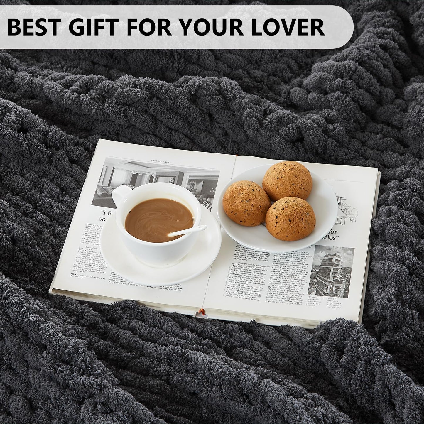 L'AGRATY Chunky Knit Blanket Throw - Soft Throw Blanket 60x80: 100% Hand Kintted Chenile Crochet Throw Blanket for Couch - Large Cable Knit Blanket for Home Decor(Dark Grey)