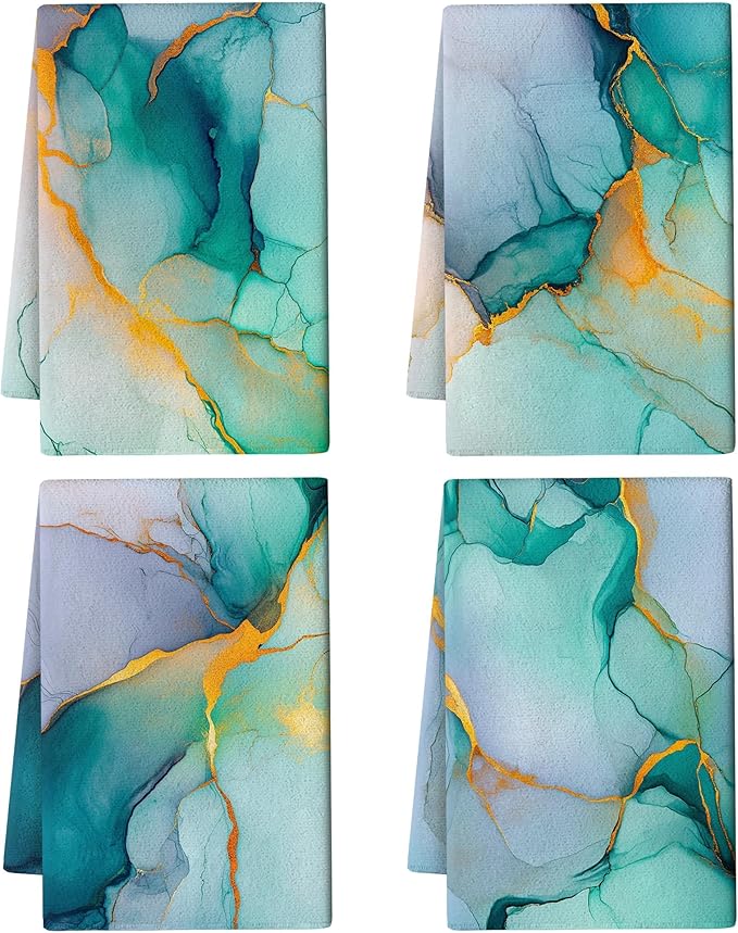Teal Gold Kitchen Towel Set of 4 Soft Absorbent Marble Texture Turquoise