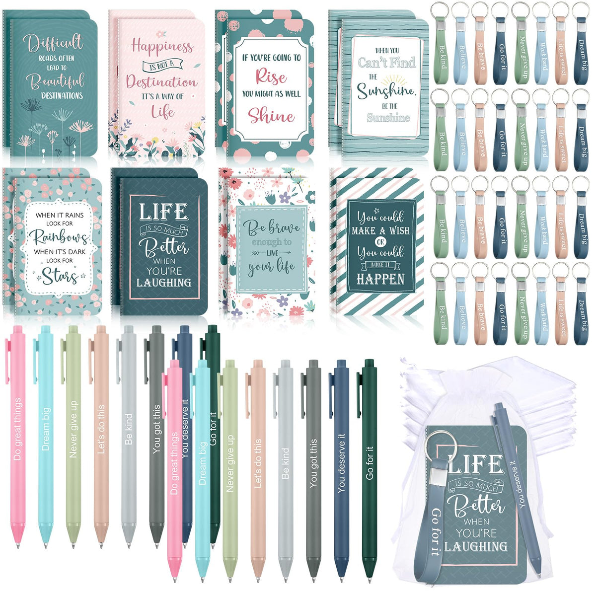 Pajean 128 Pcs Inspirational Gifts Bulk Motivational Notebooks Journal Ballpoint Pens Positive Keychains Organza Bags for Students Teachers Employee School Office Prizes Favors Supplies(Simple)