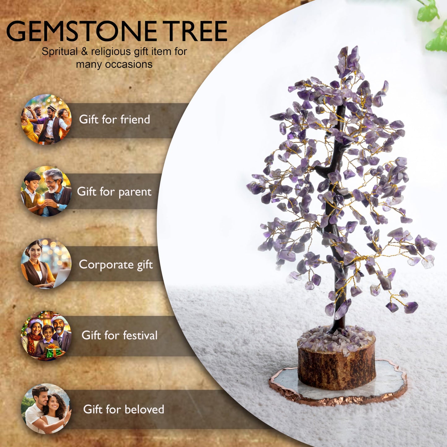 Wonder Care Amethyst Crystal Tree for Positive Energy Home Decor and Healing With M-Seal & Golden Wire | Fortune Tree | Crystal Decor | Chakra | Feng Shui (300 Beads)