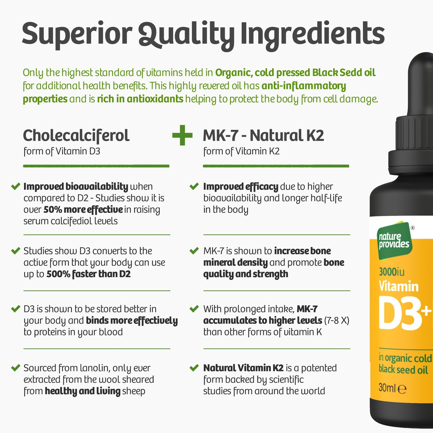 Vitamin D3 & K2 (MK-7) in Organic Black Seed Oil/Nigella Sativa (30ml) - High Strength Liquid (3000IU), 100% Trans MK-7, Immune, Bone Support, Heart Health, Sublingual, Made in UK by Nature Provides