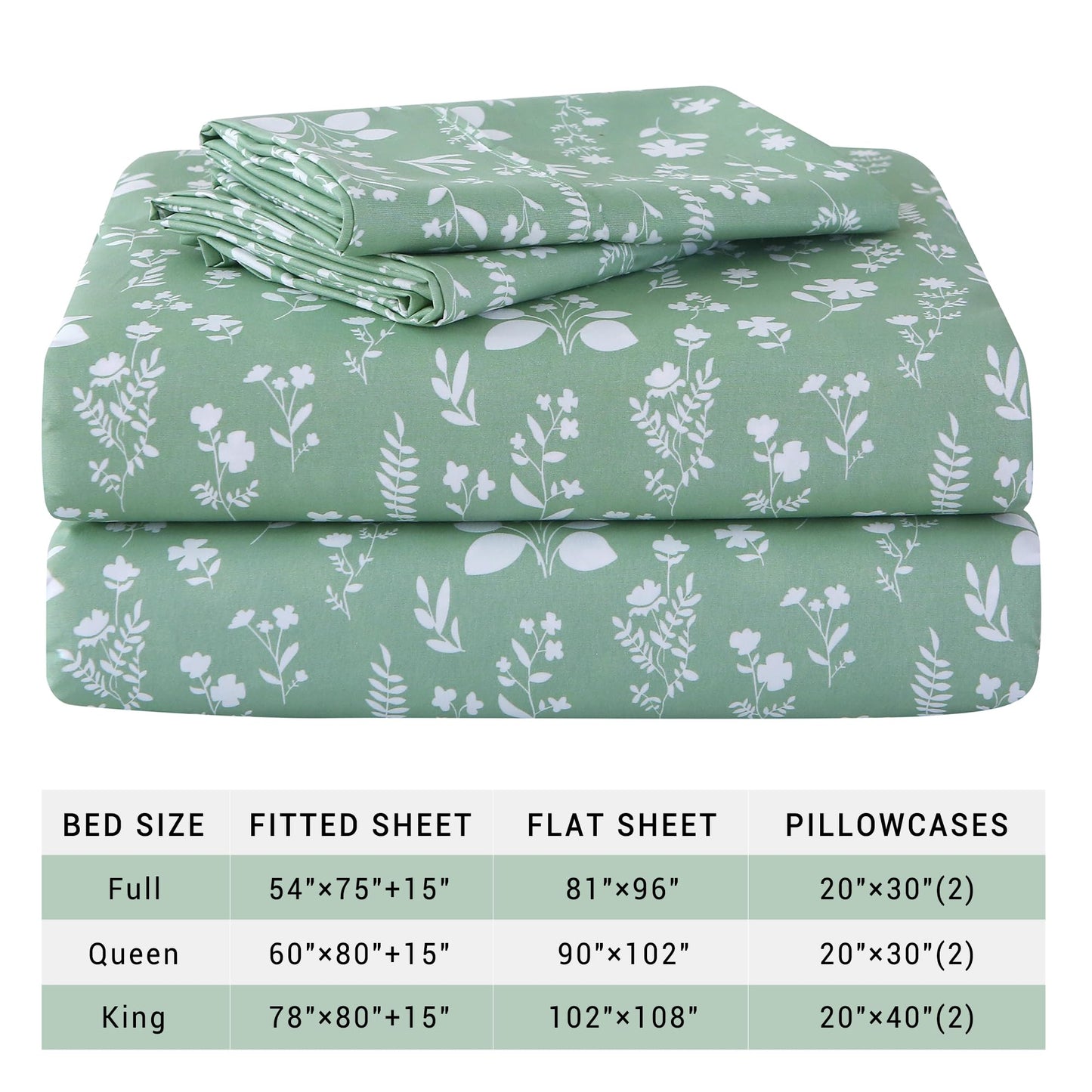 Viviland Sage Green Twin Sheet Set - 4 Piece Vintage Green Flower Patterned Bed Sheets - Soft, Breathable Microfiber Floral Sheets with Deep Pocket, Non-Slip Fitted Sheets & Pillowcases