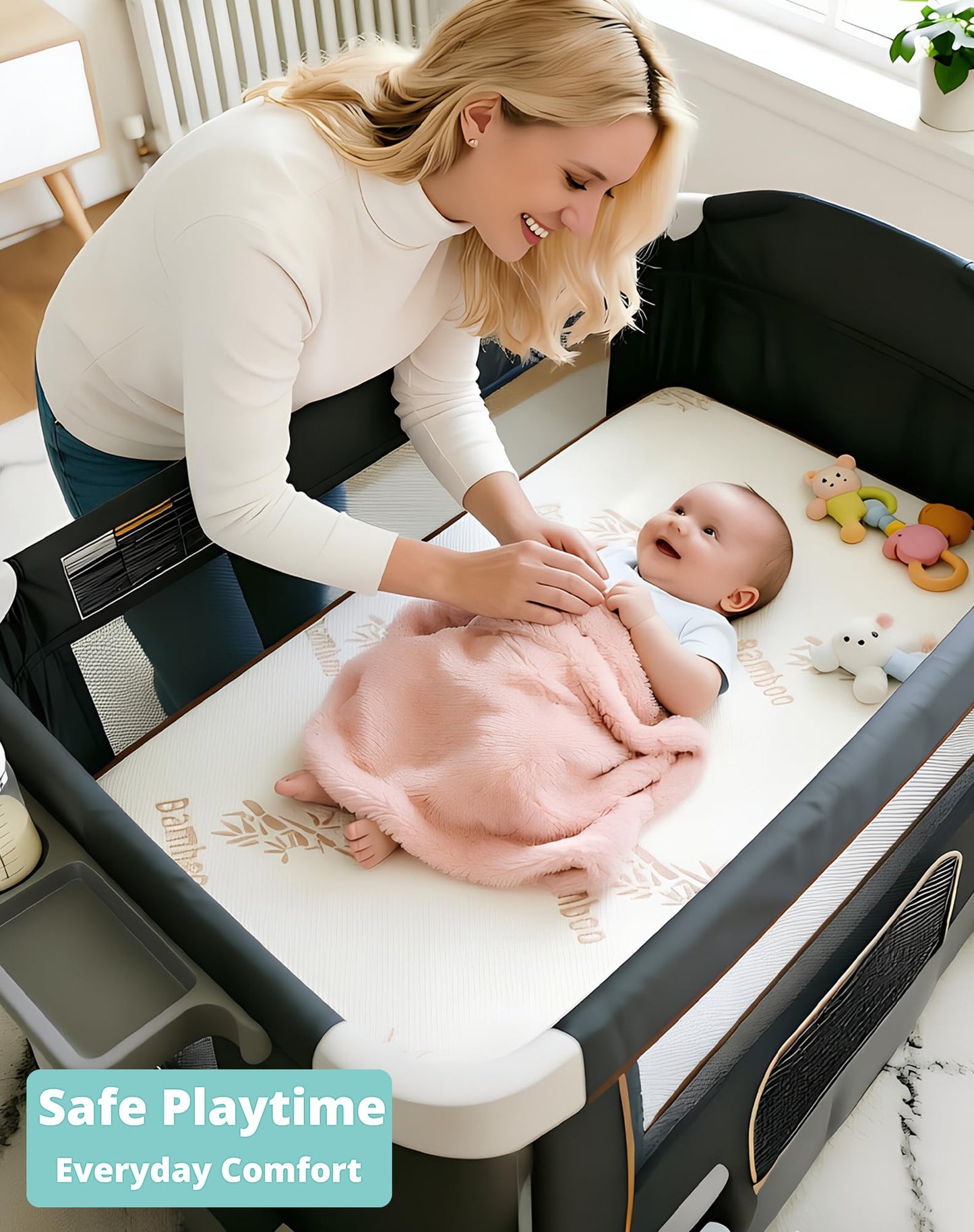 Pack and Play Mattress Pad - 38"x26"x1.5" Thick Playpen Mattress Topper for Graco Pack n Play, Baby Trend, Pamo Babe Playard - Breathable Cooling Bamboo Cover, No Gap 3D Piped Edge, Beige
