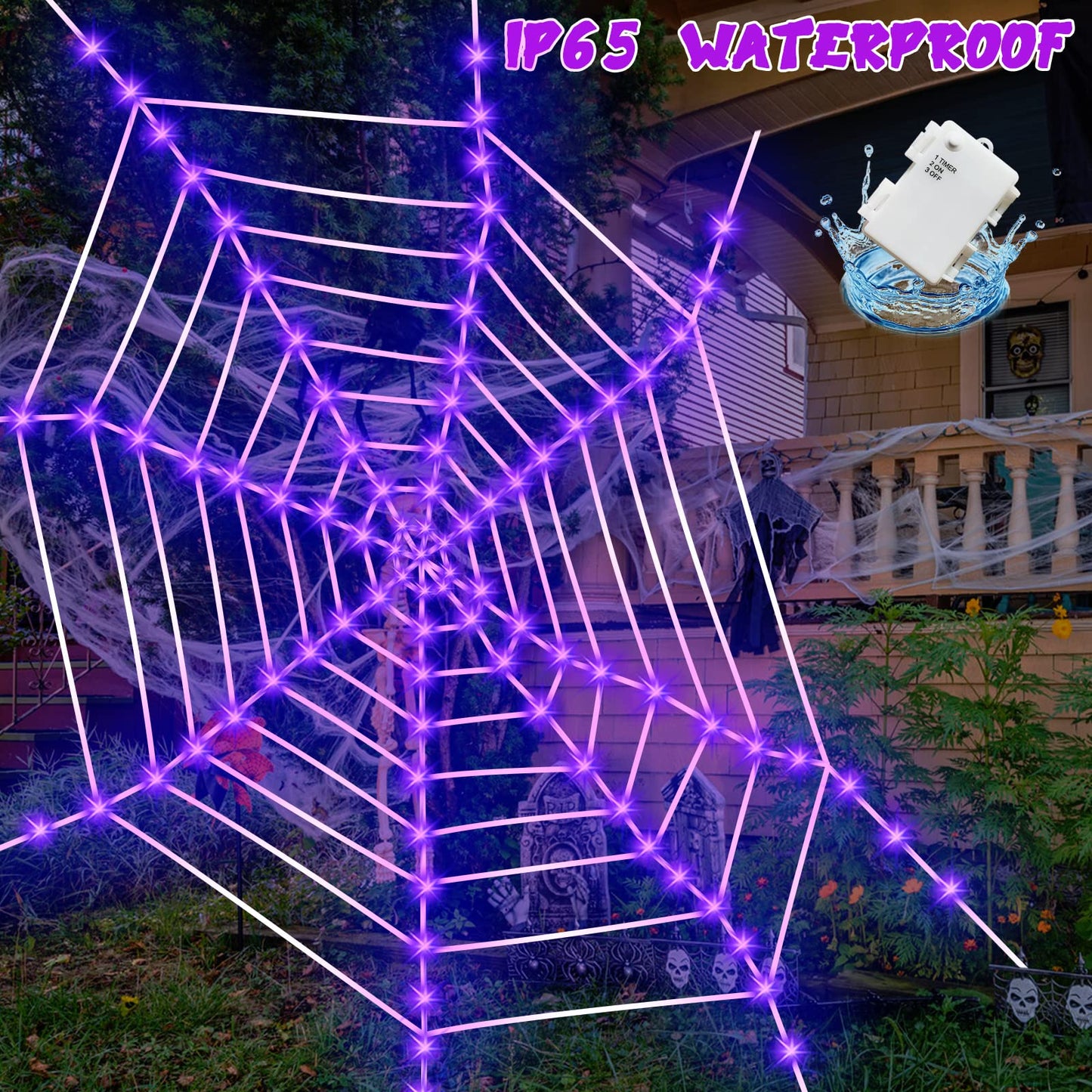 Light Up Lighted Spider Web 12 Ft 120 LED Spider Web Lights Giant Halloween Decorations Outdoor Waterproof for Outdoor Indoor Yard Party Haunted House Decor, Purple