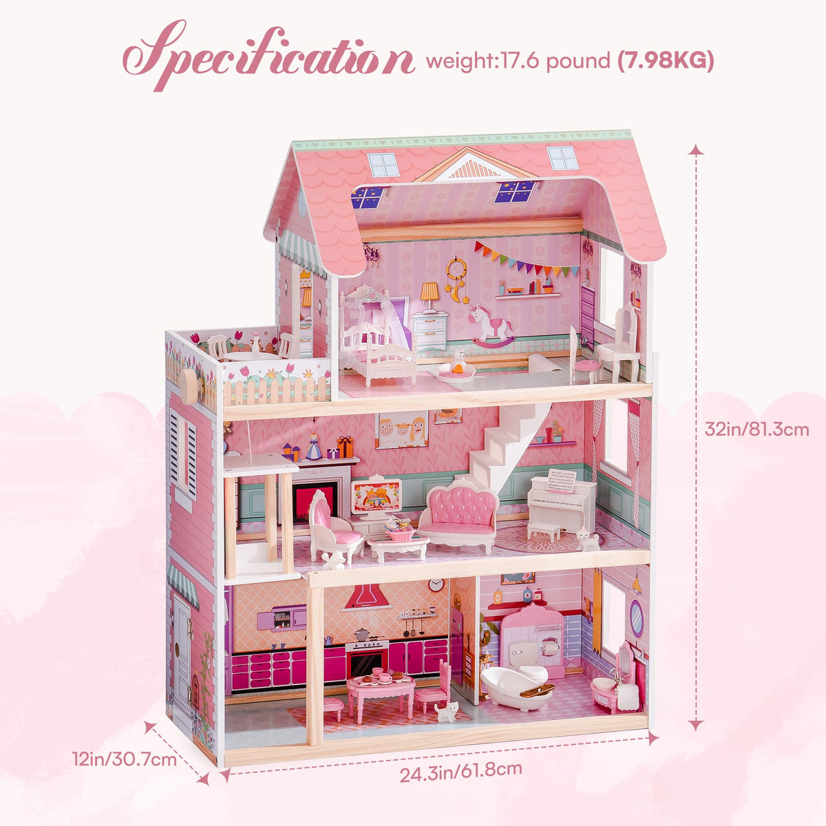 ROBUD Wooden Dollhouse, Doll House Playset with 24-pcs Exquisite Accessories, Working Elevator, Gift for Ages 3+