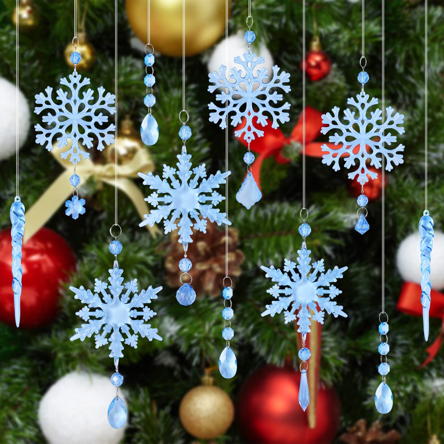 Marsui 30 Pieces Christmas Icicle Ornaments Acrylic Snowflake Ornaments for Christmas Tree Crystal Chandelier Drops with Crystal Line for Xmas Decor(Blue)