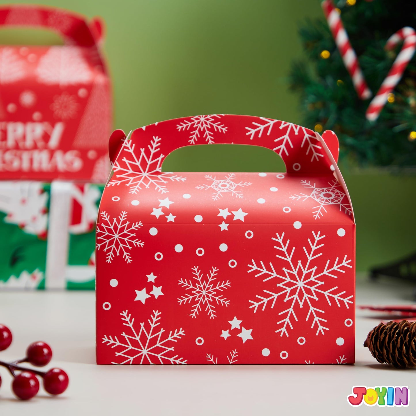 JOYIN 24 PCS 3D Christmas Treat Gift Wrap Boxes for Holiday Xmas Presents, Bakery Cookie Boxes for Gift Giving, Cardboard Goodie Candy Box for Desserts Wrapping, School Classroom Party Favor Supplies