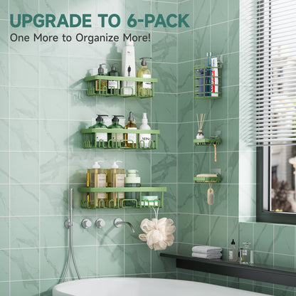 Veken Rustproof & Waterproof Shower Caddy 6-Pack, No Drilling Adhesive Shelves Rack with Soap Holder, Large Capacity Bathroom Organizers and Storage, Wall-Mounted Kitchen & Home Decor, Green