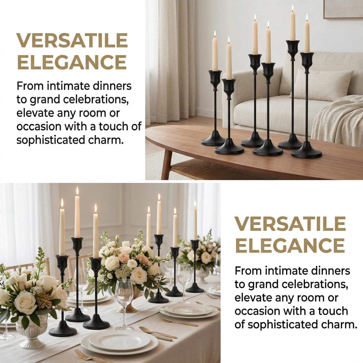 Oakernel Black Taper Candle Holders 2 Sets(6 Pcs) - Tall Metal Candlestick Holders for Table Centerpiece, Formal Dinner, Wedding, Fireplace Mantel Decor, Fits 3/4 Inch Thick Candles