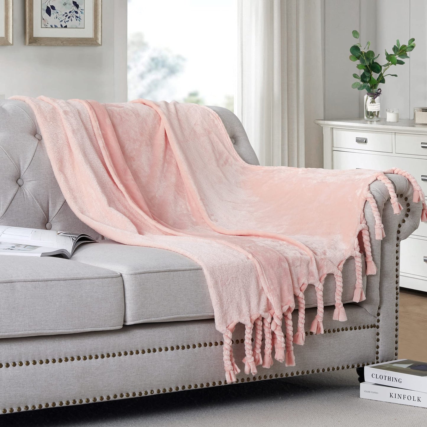 Homiest Fleece Throw Blanket with Fringe, Soft & Cozy Flannel Light Pink Blanket, Lightweight Decorative Blanket for Sofa Bed Chair All Season (Blush Pink, 50 x 60 Inch)