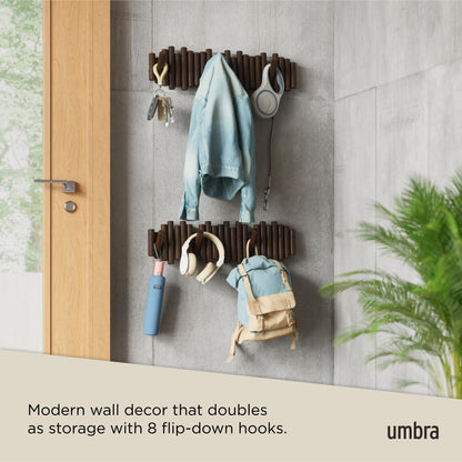 Umbra Picket Coat Rack with 8 Hooks – Walnut Wall-Mounted Coat Rack with Flip-Down Wooden Hooks, Real Pine Wood Decorative Wall Storage for Jackets, Hats, Scarves, Bags, Entryway, Bedroom Living Room