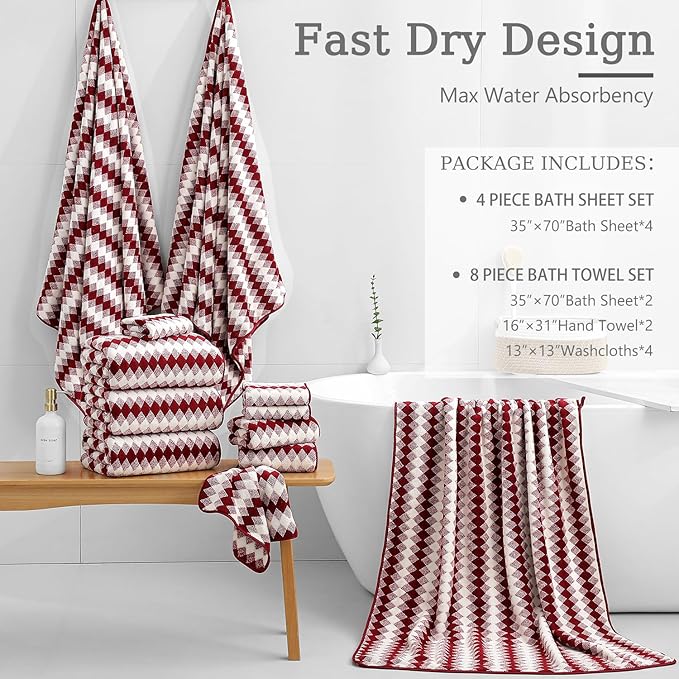 8 Piece Bathroom Towel Set |2 Oversized Bath Towels, 2 Hand Towels, 4